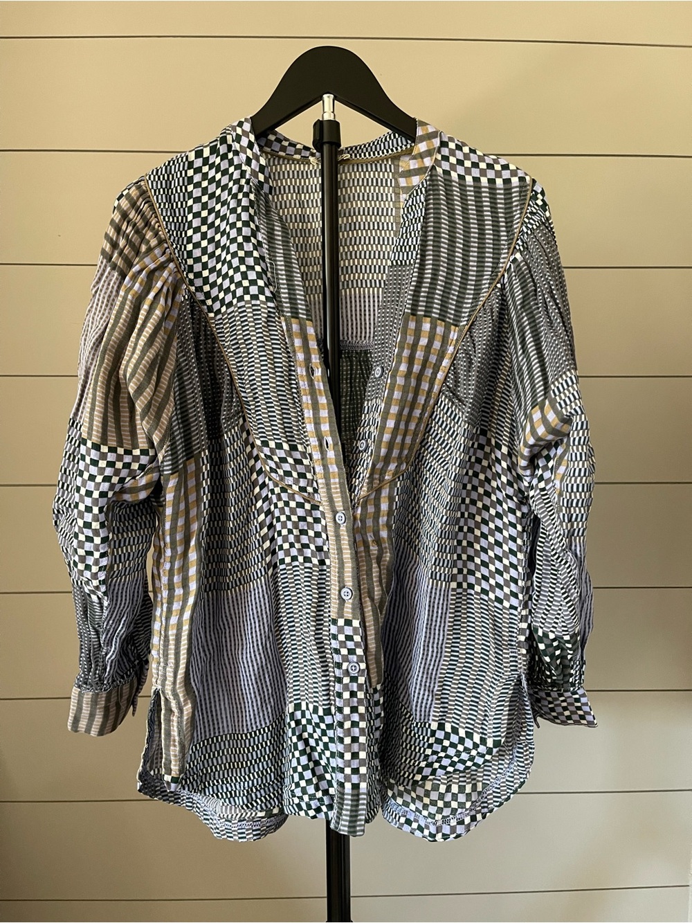 Free People Intimately Patchwork Check Button Down Blouse XS NWT
